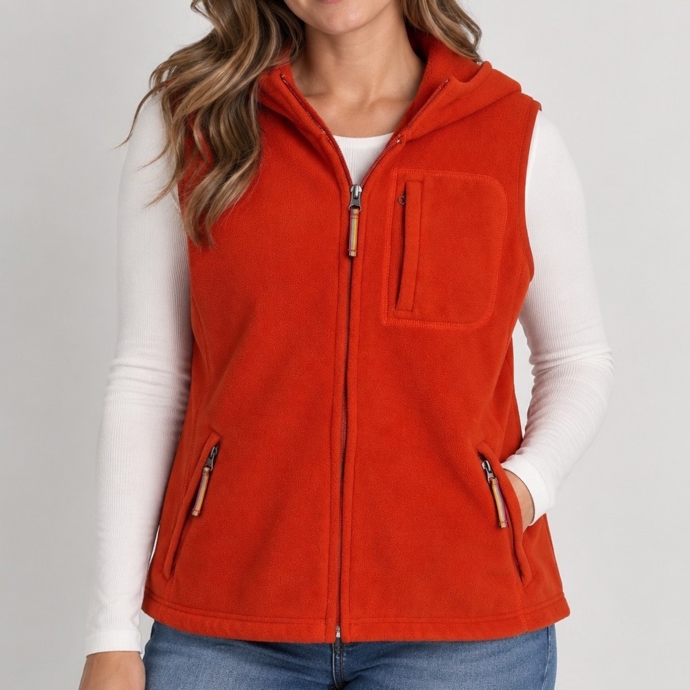 Eddie Bauer Women's XL Orange Fleece Hooded Vest Full Zip Outdoor Hiking